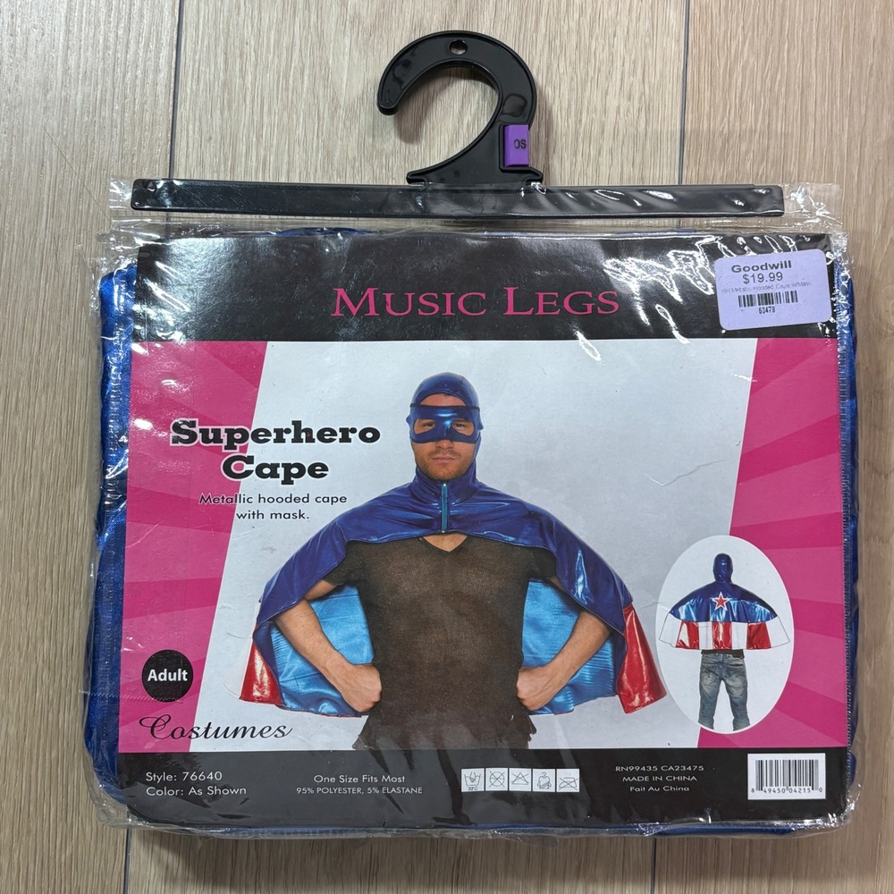 Music Legs Halloween Mens Superhero Cape Metallic Hooded Cape Mask Blue Red OSFM